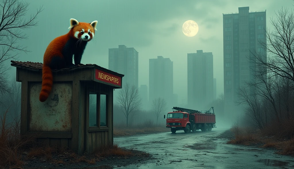 Melancholy landscape of an abandoned Soviet city, shrouded in fog and pouring rain. In the foreground - a cute red panda with large, with thoughtful eyes, sitting on the ruins of an old kiosk with the inscription “Newspapers”. In the distance you can see tall Stalinist buildings with collapsed roofs, overgrown with grass and bushes. A rusty Soviet fire engine, with a lowered ladder, It stands near a kiosk, as if frozen in its last call. A dim moon shines in the sky, and raindrops fall on the cracked asphalt. Color scheme - dark tones with a predominance of gray, red and green. Style - photorealism with the effect of old film.