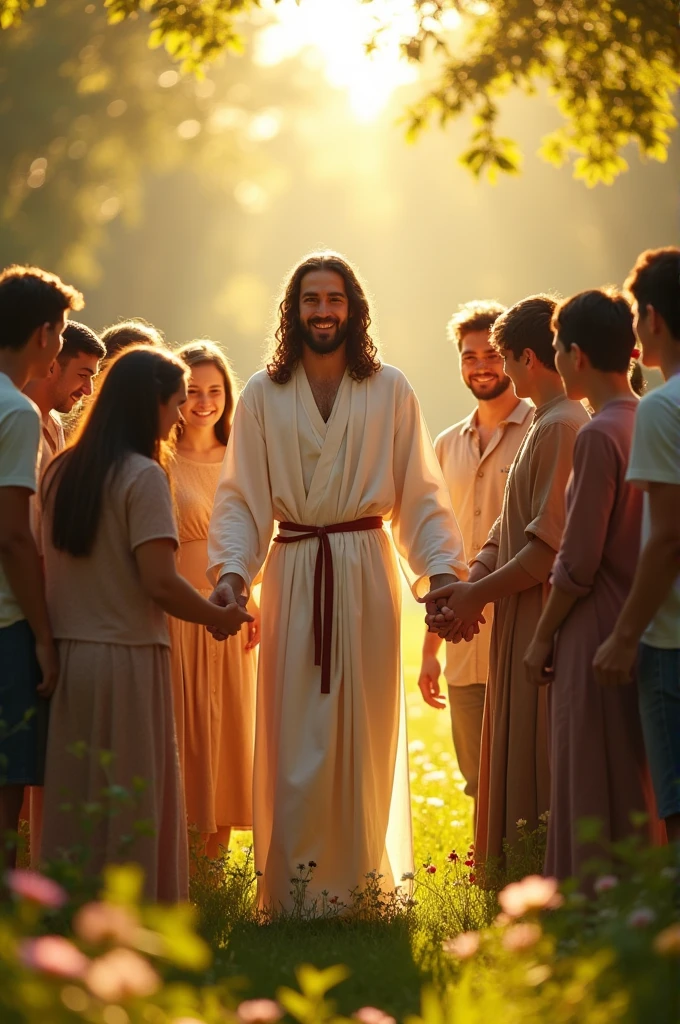 Jesus with young people at his sides holding a circle