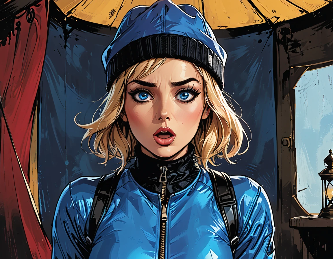 inside violet circus tent,dark atmosphere, deep shadow, shadow, shocked, open mouth, shocked close-up portrait ((girl in Blue zipped up down winter jacket and black turtleneck )) and blue gloves and (((blue winter hat)))) at circus tent,adult, [Nordic], Hourglass elongated fitness body, perfect Olive skin, Oval Face, Long neck, Rounded shoulders, perfect hand, Attached Pointed ears, round forehead, (Short blonde Waves pixie hair), snub nose, Arched eyebrows, ((monolid blue Eyes)), High Round Narrow cheekbones, Dimpled Cheeks, Rounded Chin, Rounded Jawline, Full nude Lips, (blue eyes), Nude Makeup Look, long eyelashes, third breast size, long slim fitness legs, graphic style of novel comics, perfect hands, 2d, 8k, hyperrealism, masterpiece, high resolution, best quality, ultra-detailed, super realistic, Hyperrealistic art, high-quality, ultra high res, highest detailed, lot of details, Extremely high-resolution details, incredibly lifelike, colourful, soft cinematic light,