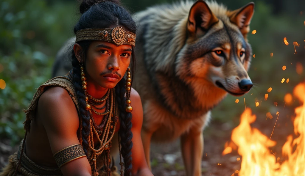 Javanese style, realistic textures, HDR. close up portrait view of a young indigenous warrior man with battle dress, necklace, and headband decoration, sitting by the fire. daytime, cinematic lighting. The indistinct background shows a large close-up of a large wolf behind him. sparks are scattered throughout the scene.
