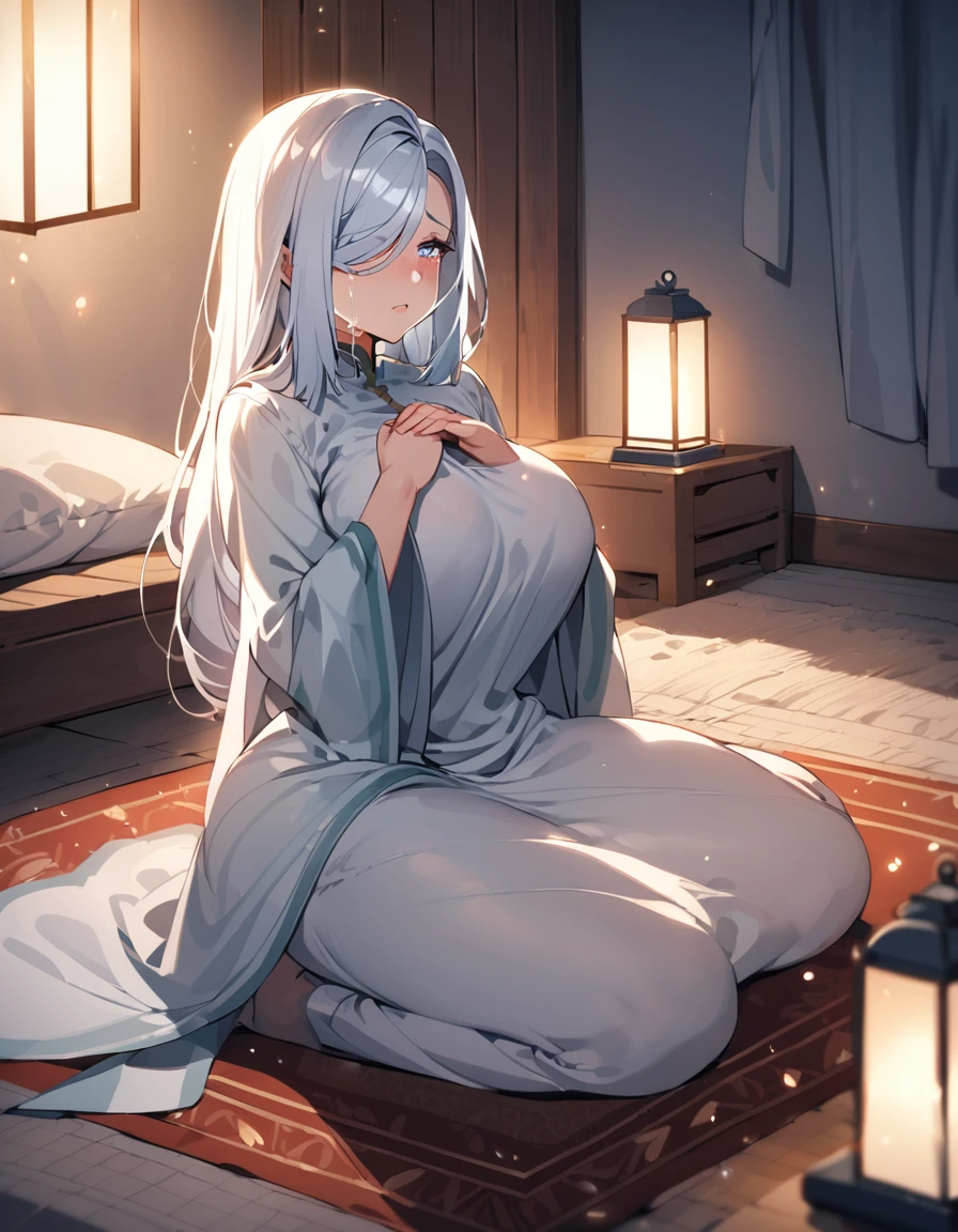 Shenhe,white hair, curvy body, wearing Muslim clothes, sitting on prayer mat(Muslim), praying(Muslim), crying,nsfw, bedroom, midnight setting,no lantern and lights.