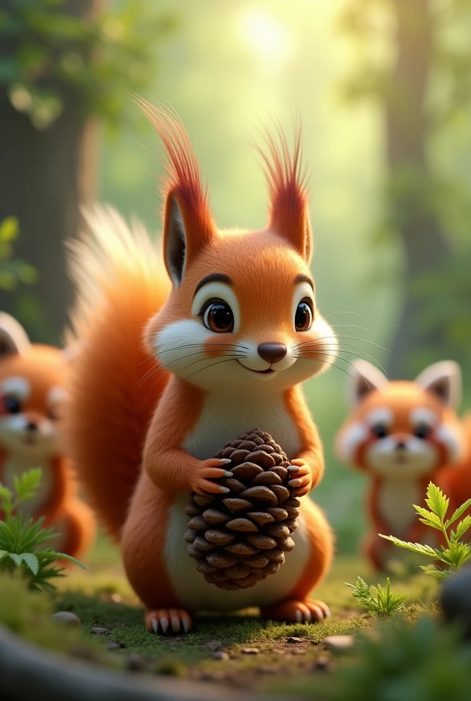 A close-up shot of a squirrel，, Holding a pine cone in his hand，Cute forest creatures, Red Panda, Wilderness landscapes, author：Yu Zheding, Stylized 3D, Cute fox, feng shu, hidden animals, Lovely and detailed digital art, dreamworks style, Stylized art,