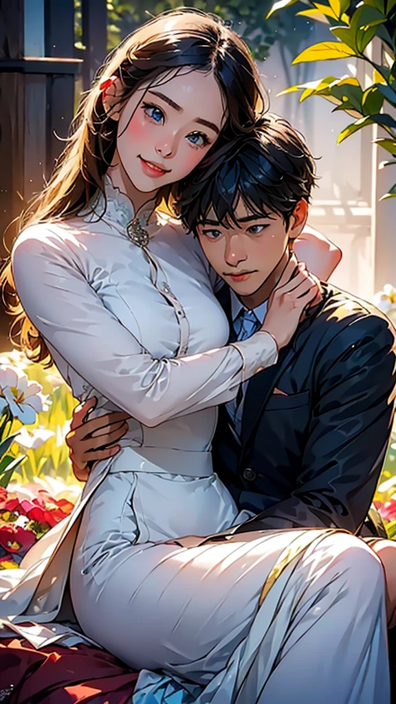 With anime style illustrations. A young man and woman couple appears. The man has blue eyes, short black hair. He wears a black suit. The woman is blonde and wears glasses, blue eyes, blonde hair, long buns. She wears soft pink clothes. The two pose intimately. 、The background has vibrant blue and pink tones that evoke a romantic atmosphere.。A woman grabs a man's jacket、It emphasizes the intimacy between the two.。They are both in the same position, sitting side by side. 。