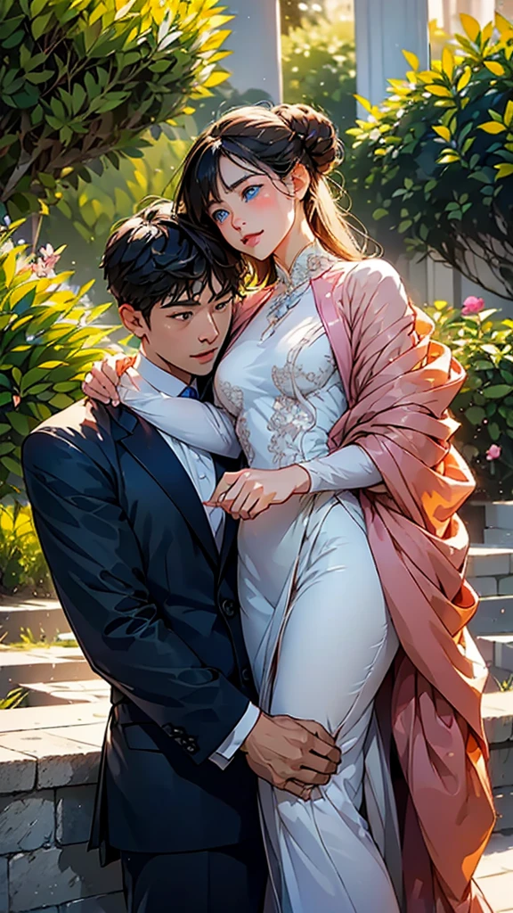 With anime style illustrations. A young man and woman couple appears. The man has blue eyes, short black hair. He wears a black suit. The woman is blonde and wears glasses, blue eyes, blonde hair, long buns. She wears soft pink clothes. The two pose intimately. 、The background has vibrant blue and pink tones that evoke a romantic atmosphere.。A woman grabs a man's jacket、It emphasizes the intimacy between the two.。They are both in the same position, sitting side by side. 。