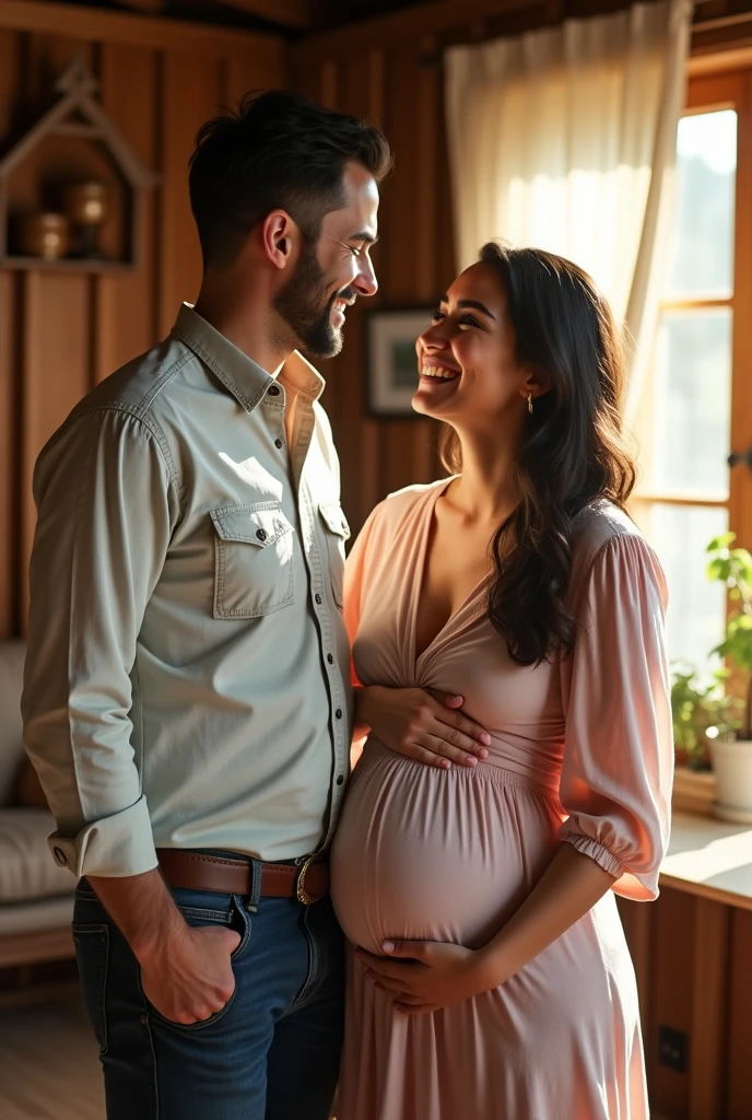 Husband is pregnant and wife standing beside him and husband wore western dress