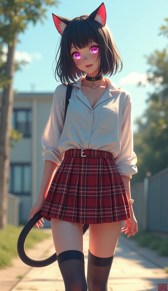 (((There is one girl:1.5))),Waifu E-girl, Cat Ears, Cat Tail, ((Glowing-Pink-Eyes)),(((A tall high school girl with a model figure))),Perfect proportions,(Standing facing this),Full body photography,(wide thighs, Very long legs),Fleshy,Mid-chest,(((Cleavage))),Breast enlargement,swelling of the nipples,Unbutton your shirt,Loafer Asterpiece on the ground:1.3),((8k, Photorealistic:1.4)),((Surreal,RAW Photos, highest quality: 1.4)),((Ultra high definition,Super detailed)), Beautiful Face,((Realistic face),(Brown's shortcuts:1.3)),Short Hair,Disheveled Hair,Fluffy hair,Detailed eyes,Realistic beautiful skin,Golden Ratio,Super cute,Open your mouth a little,smile,High school girl in summer clothes,White shirt,Sweaty,Wetty,(Wet shirt),See-through shirt,Light clothing,Surreal school girl,pleated micro mini skirt,Checkered micro mini skirt,Pleated miniskirt with tartan check,((I can see your panties!!)),pantyhose,(Black Stockings),((Knee-high stockings)),loafers,Esbian all over,High school girl wearing JK uniform,Sexy pose,Anatomically accurate body,Precisely drawn fingers,