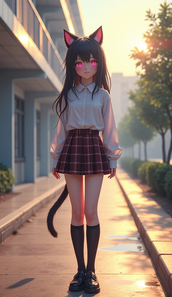 (((There is one girl:1.5))),Waifu E-girl, Cat Ears, Cat Tail, ((Glowing-Pink-Eyes)),(((A tall high school girl with a model figure))),Perfect proportions,(Standing facing this),Full body photography,(wide thighs, Very long legs),Fleshy,Mid-chest,(((Cleavage))),Breast enlargement,swelling of the nipples,Unbutton your shirt,Loafer Asterpiece on the ground:1.3),((8k, Photorealistic:1.4)),((Surreal,RAW Photos, highest quality: 1.4)),((Ultra high definition,Super detailed)), Beautiful Face,((Realistic face),(Brown's shortcuts:1.3)),Short Hair,Disheveled Hair,Fluffy hair,Detailed eyes,Realistic beautiful skin,Golden Ratio,Super cute,Open your mouth a little,smile,High school girl in summer clothes,White shirt,Sweaty,Wetty,(Wet shirt),See-through shirt,Light clothing,Surreal school girl,pleated micro mini skirt,Checkered micro mini skirt,Pleated miniskirt with tartan check,((I can see your panties!!)),pantyhose,(Black Stockings),((Knee-high stockings)),loafers,Esbian all over,High school girl wearing JK uniform,Sexy pose,Anatomically accurate body,Precisely drawn fingers,