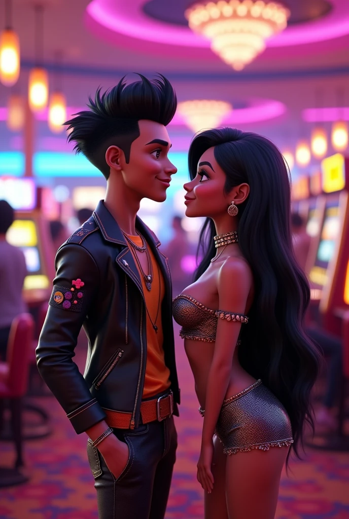 Black haired couple man and woman Bratz style animated 3d in a casino