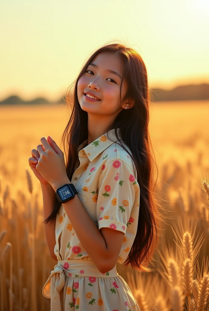 (Photorealism:1.2)  A slim 14 year old girl in wheat field wearing collar shirt printed a combination of yellow pink and green small flowers on it , wearing a black digital watch in her left hand ,her long silky black hairs upto her waist . turning towards east and enjoying beautiful relaxing weather 