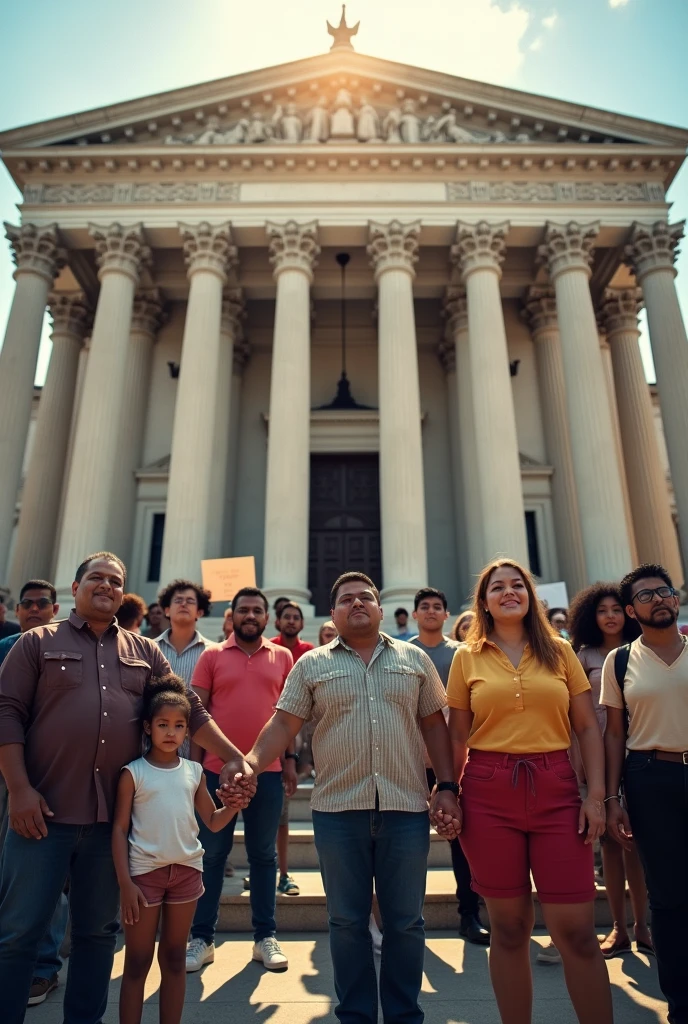 Represents Article III, Section 11 of the Philippine Bill of Rights. The scene should depict a diverse group of people, including those who appear to be from impoverished backgrounds, standing confidently outside a courthouse. The courthouse should be grand and imposing, symbolizing the justice system, with clear signage indicating it as a court. The people should be portrayed with dignity and hope, reflecting their right to free access to the courts and legal assistance, regardless of their economic status. In the background, include subtle elements like a symbolic scale of justice to represent fairness and impartiality. The overall mood of the image should convey equality, justice, and the assurance of legal support for all, especially the marginalized and poor.