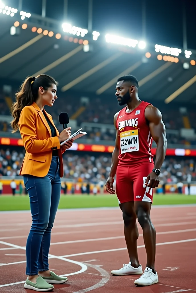 A young full-body reporter, interview an athlete who did not qualify for the 100-meter race. Both are facing each other so they observe.