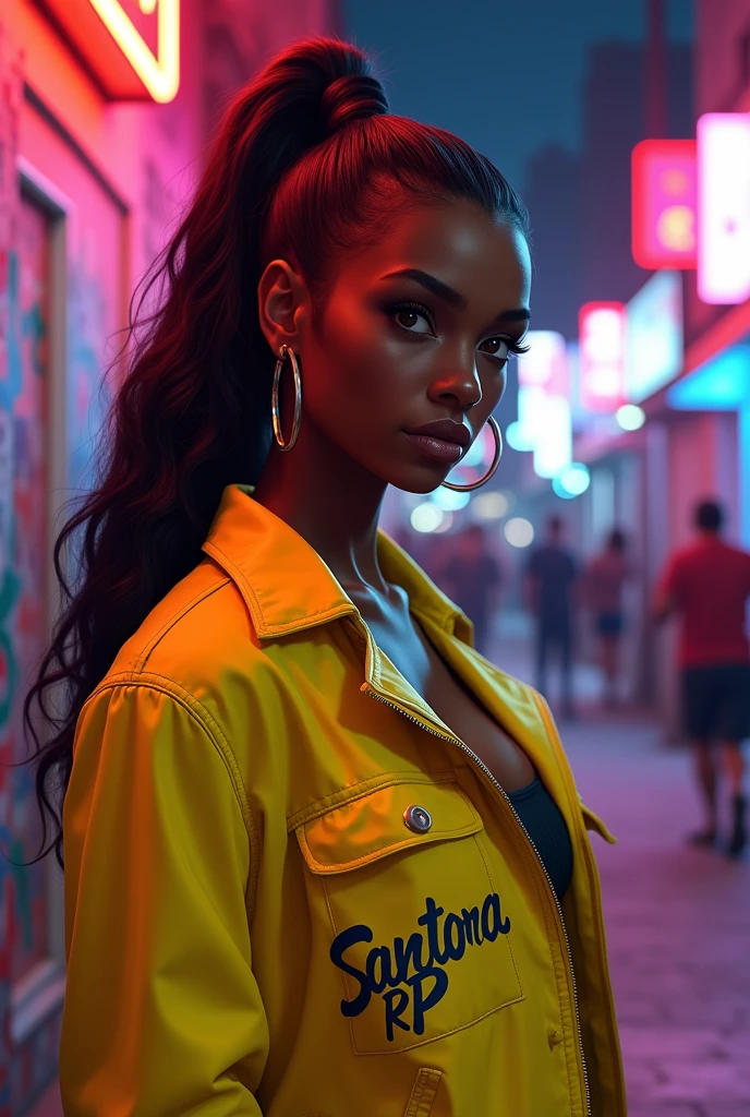 GTA RP character, feminine, skin black, long hair tied up, yellow jacket, with Santora rp written on the jacket , 4k image