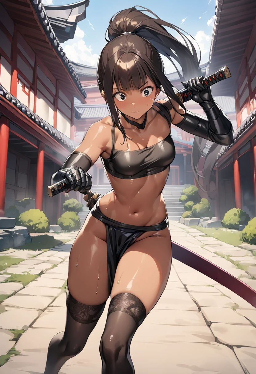 Action Scenes、((masterpiece,best quality anime,Highest quality:1.3)),realistic,cowboy shot,(25 year old beauty),Female ninja、1woman,独奏,((very small head:1.4)),((very long body:1.3)),black hair,bangs,(long ponytail hair),gorgeous big eyes,black eyes,,((tan skin:1.4)),((slender body:1.3,skinny)),medium breasts,gleaming skin,shiny skin,((black loincloth:1.3,Black tube top shirt、navel、Black leather gauntlets,black_thighhighs)),Holding a Japanese sword、sweat:1.3, fighting stance、Outdoor、sunny、Domestic、Temple、