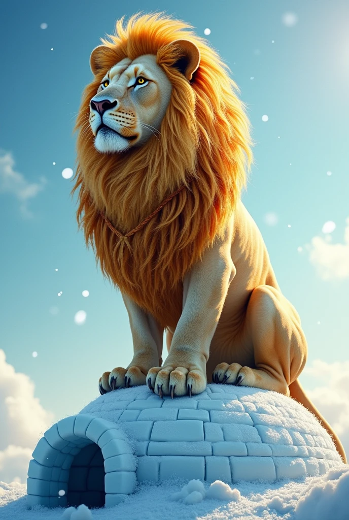 A lion with braids on top of an igloo