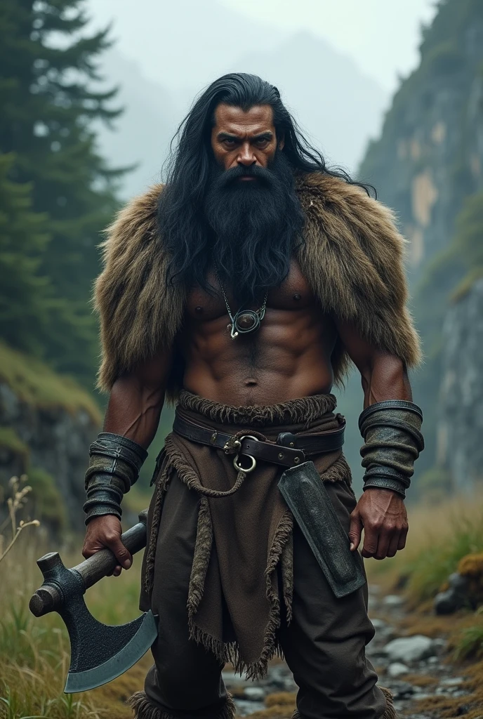 A wild-looking man wearing a fur cloak, with a robust build, black hair, and deep-set eyes, carrying an axe in his right hand.