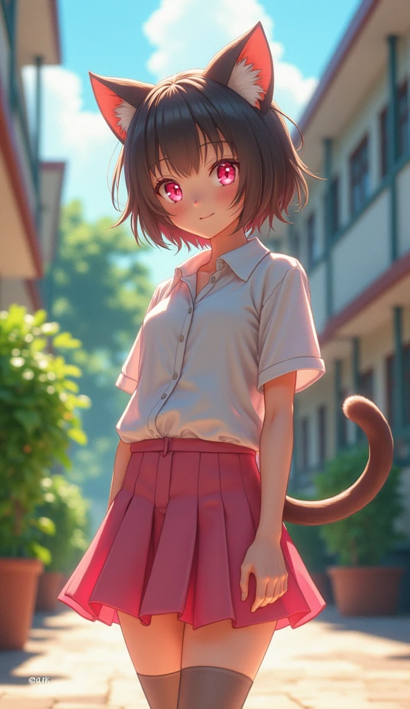 (((There is one girl:1.5)))，Waifu  E-girl, Cat Ears, Cat Tail, ((Glowing-Pink-Eyes))，(((A tall high school girl with a model figure)))，Perfect proportions，(Standing facing this)，Full body photography，(wide thighs, Very long legs)，Fleshy，Mid-chest，(((Cleavage)))，Breast enlargement，swelling of the nipples，Unbutton your shirt，Loafer Asterpiece on the ground:1.3)，((8k, Photorealistic:1.4))，((Surreal，RAW Photos, highest quality: 1.4))，((Ultra high definition，Super detailed)), Beautiful Face，((Realistic face)，(Brown's shortcuts:1.3))，Short Hair，Disheveled Hair，Fluffy hair，Detailed eyes，Realistic beautiful skin，Golden Ratio，Super cute，Open your mouth a little，smile，High school girl in summer clothes，White shirt，Sweaty，Wetty，(Wet shirt)，See-through shirt，Light clothing，Surreal school girl，pleated micro mini skirt，Checkered micro mini skirt，Pleated miniskirt with tartan check，((I can see your panties！！))，pantyhose，(Black Stockings)，((Knee-high stockings))，loafers，Esbian all over，High school girl wearing JK uniform，Sexy pose，Anatomically accurate body，Precisely drawn fingers，