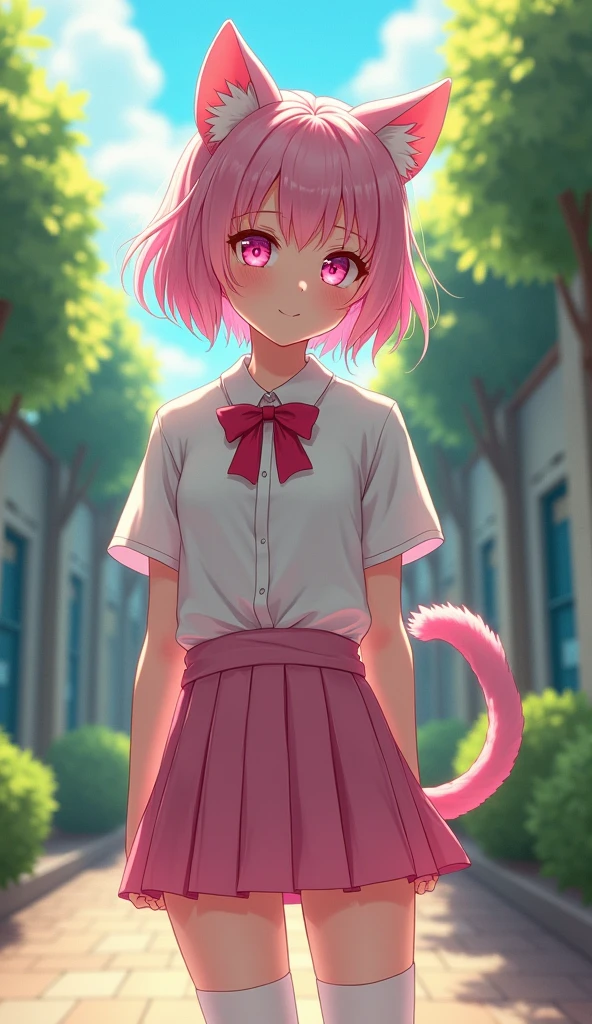 (((There is one girl:1.5)))，Waifu  E-girl, Cat Ears, Cat Tail, ((Glowing-Pink-Eyes))，(((A tall high school girl with a model figure)))，Perfect proportions，(Standing facing this)，Full body photography，(wide thighs, Very long legs)，Fleshy，Mid-chest，(((Cleavage)))，Breast enlargement，swelling of the nipples，Unbutton your shirt，Loafer Asterpiece on the ground:1.3)，((8k, Photorealistic:1.4))，((Surreal，RAW Photos, highest quality: 1.4))，((Ultra high definition，Super detailed)), Beautiful Face，((Realistic face)，(Brown's shortcuts:1.3))，Short Hair，Disheveled Hair，Fluffy hair，Detailed eyes，Realistic beautiful skin，Golden Ratio，Super cute，Open your mouth a little，smile，High school girl in summer clothes，White shirt，Sweaty，Wetty，(Wet shirt)，See-through shirt，Light clothing，Surreal school girl，pleated micro mini skirt，Checkered micro mini skirt，Pleated miniskirt with tartan check，((I can see your panties！！))，pantyhose，(Black Stockings)，((Knee-high stockings))，loafers，Esbian all over，High school girl wearing JK uniform，Sexy pose，Anatomically accurate body，Precisely drawn fingers，