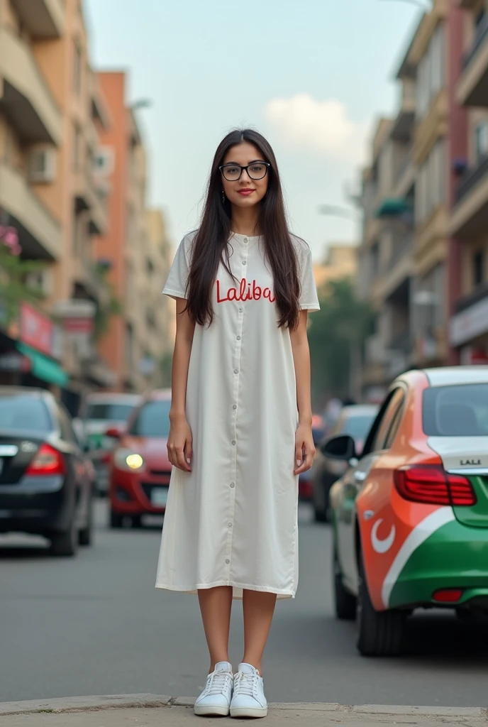 A real25"years old girl, Wearing frock and white trozar_ sneakers and the name “ laiba is written on frock black glasses her eyes hand the Girl is standing on the road with holding a national car of and behind him is the Lahore And written on sky “ Create Realistic image high quality..