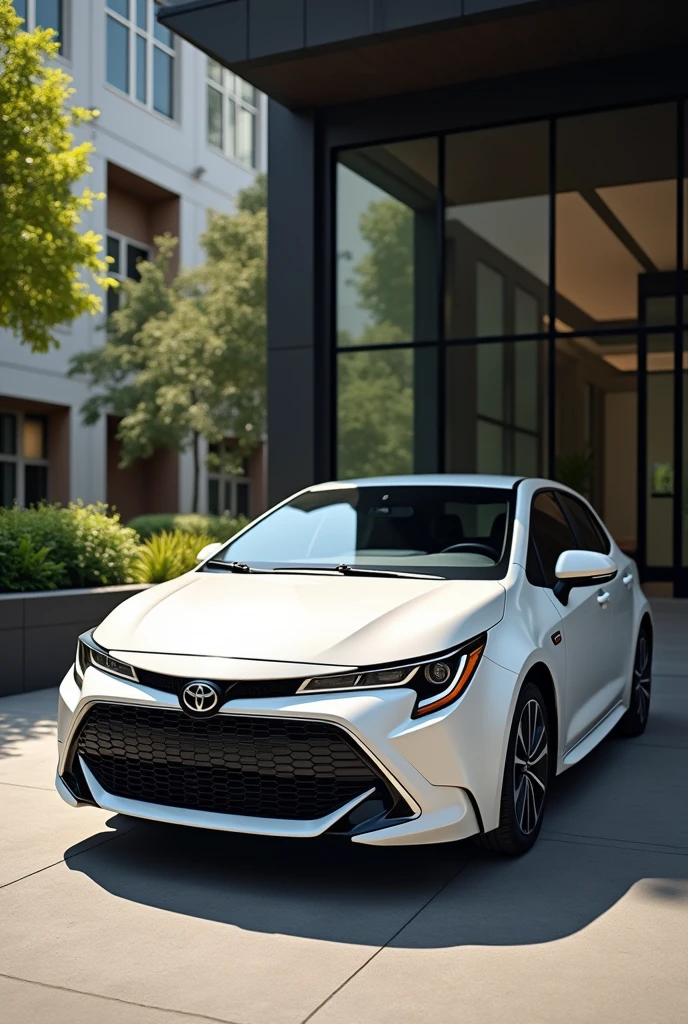 2024 White Corolla xei car with beige interior, black ceiling, black rearview mirror, black spoiler, black inferior lateral friso, black door handle