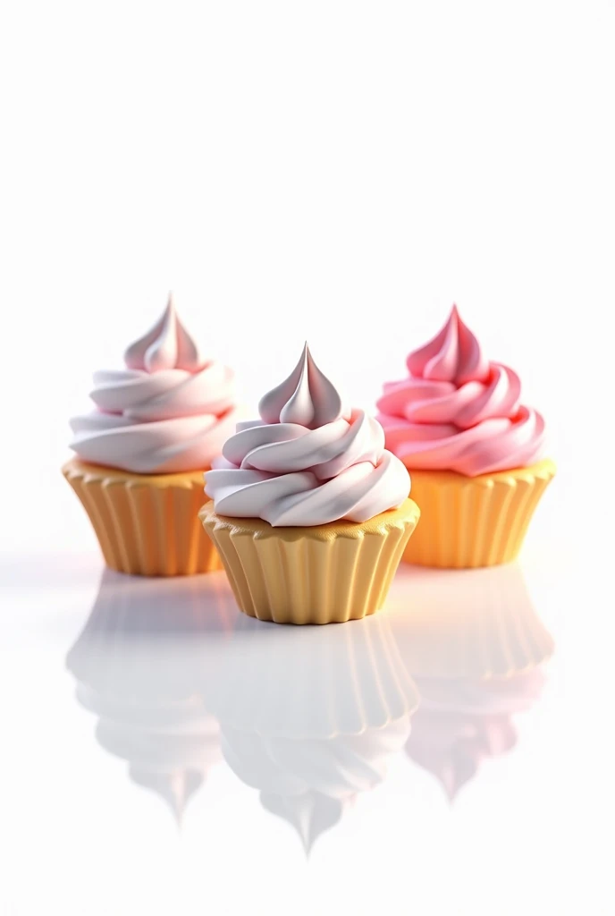 Create 3D icons of cupcakes with a glossy, smooth texture on a white background. The cupcakes should have a shiny, stylized appearance with rounded edges and vibrant colors. The frosting on each cupcake should be swirled and glossy, and the cupcake bases should look soft and slightly exaggerated. The overall style should resemble a modern, polished design, similar to a sculpted, high-quality 3D icon