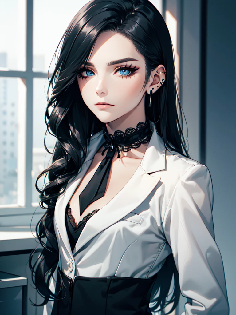 emo_hairstyle, ((tight black suit)), (black lace blazer), black tie, ((long hair)), ((straight hair)), (((black hair))), side swept bangs, white skin, pale, white, (blue eyes), tired expression, choker, ((dark makeup, mascara, eyeshadow)), multiple piercings, best quality, 8k, dark laboratory, dim lighting, white shirt, erotic