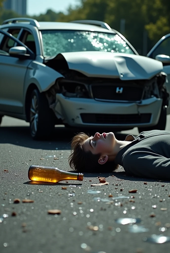 4k, ultra realistic, realistic, badly damaged car, with the dented doors and the shattered windshield. Ao lado do carro, a teenager is lying on the floor, with a beer bottle fallen near him and spilling its contents. Your face is pale and your eyes are half closed, showing signs of injury and unconsciousness. Around it, there is wreckage from the accident scattered across the road,