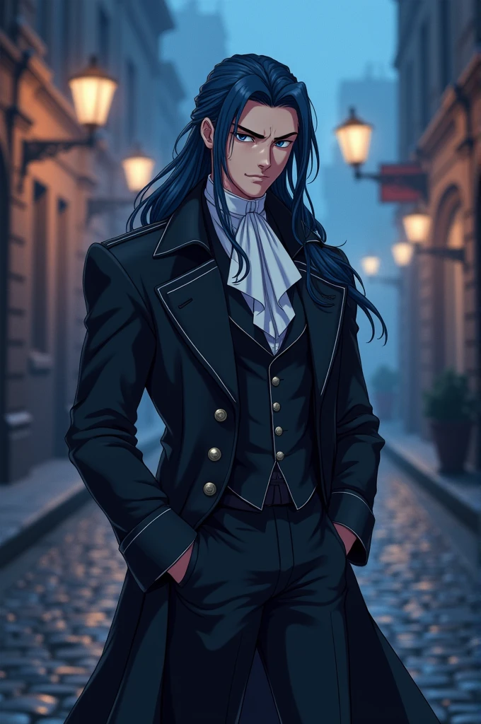 a 21 year old man, 1,90 tall, strong physique, long hair in a bluish-black tone, gray eyes and Victorian-style clothing. The drawing is done in an anime style