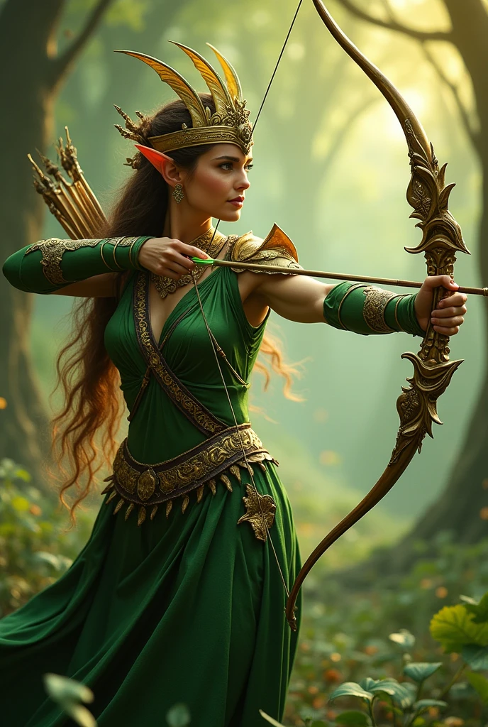 The image you uploaded features a striking, fantasy-style female archer. She has a focused expression, with a golden, intricate headdress that resembles wings or leaves, and she is drawing a glowing green arrow in a detailed, ornate bow. Her outfit appears to be an armor-like dress with golden and green elements, further accentuating the fantasy theme. The background is blurred, filled with warm, magical light, adding to the mystical atmosphere. The overall look of the character is reminiscent of an elven warrior or a mystical guardian.