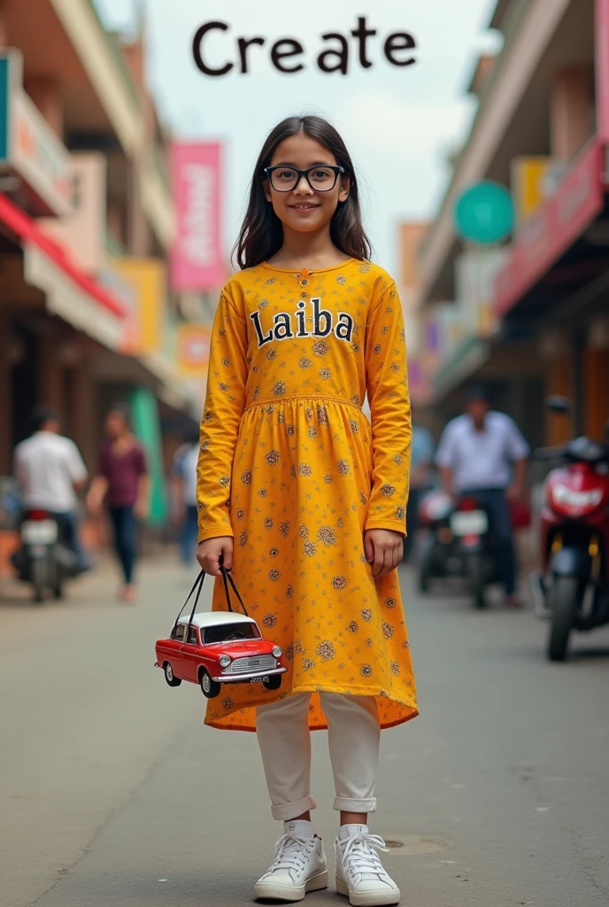 A real25"years old girl, Wearing  frock and white trozar_ sneakers and the name “ laiba is written on frock black glasses her eyes hand the Girl is standing on the road with holding a national car  of and behind him is the Lahore And written on sky “ Create Realistic image high quality..