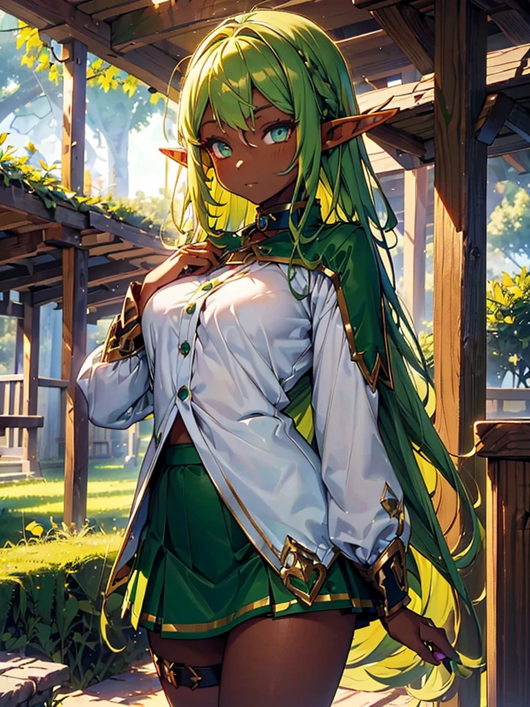 (Elf Girl:1.3)((Dark Skin:1.5,Golden eyes:1.4,Bright green hair:1.3,Gal Style,big ,)),, (Long blonde hair:1.2), (Bright green eyes:1.3), White jacket,Blue mini skirt