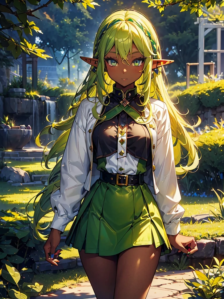 (Elf Girl:1.3)((Dark Skin:1.5,Golden eyes:1.4,Bright green hair:1.3,Gal Style,big ,)),, (Long blonde hair:1.2), (Bright green eyes:1.3), White jacket,Blue mini skirt