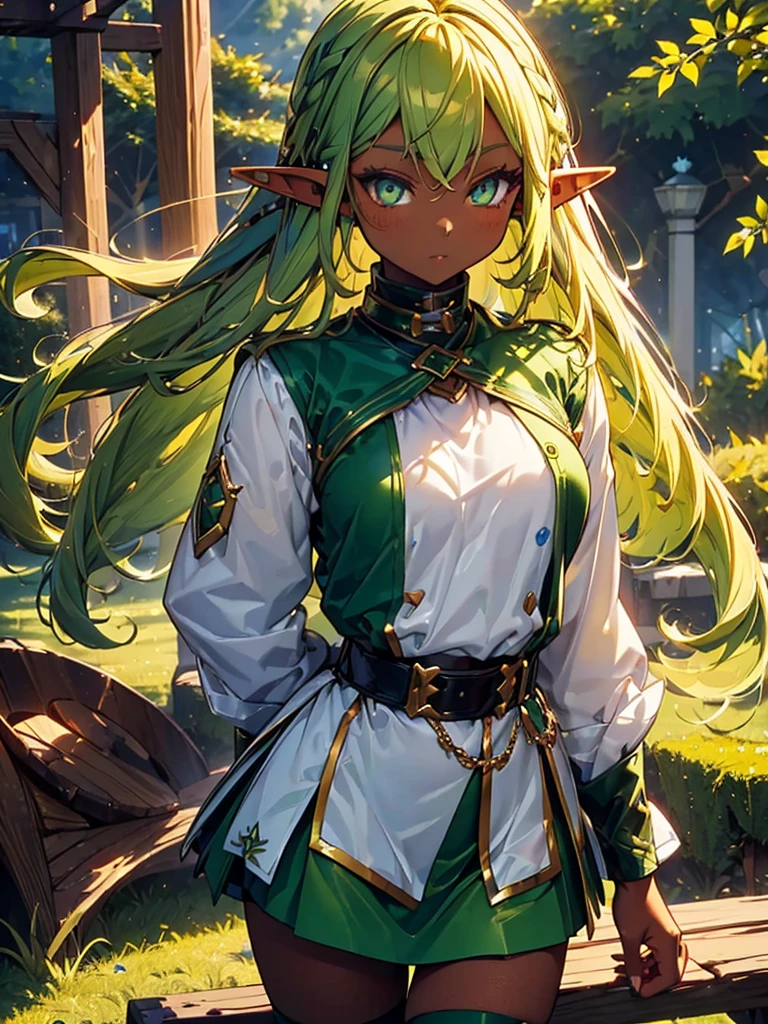 (Elf Girl:1.3)((Dark Skin:1.5,Golden eyes:1.4,Bright green hair:1.3,Gal Style,big ,)),, (Long blonde hair:1.2), (Bright green eyes:1.3), White jacket,Blue mini skirt