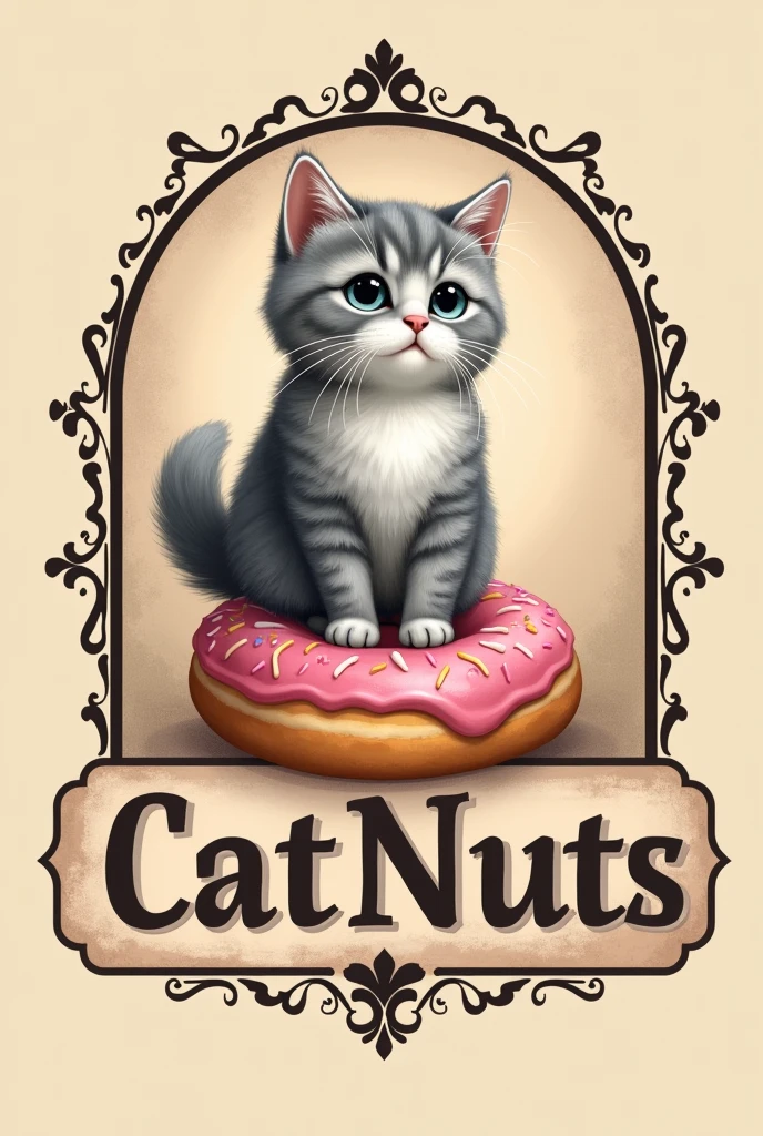 
Create a vintage logo with the name CatNuts below a donut and a grey and white angora cat on top of the vintage donut 