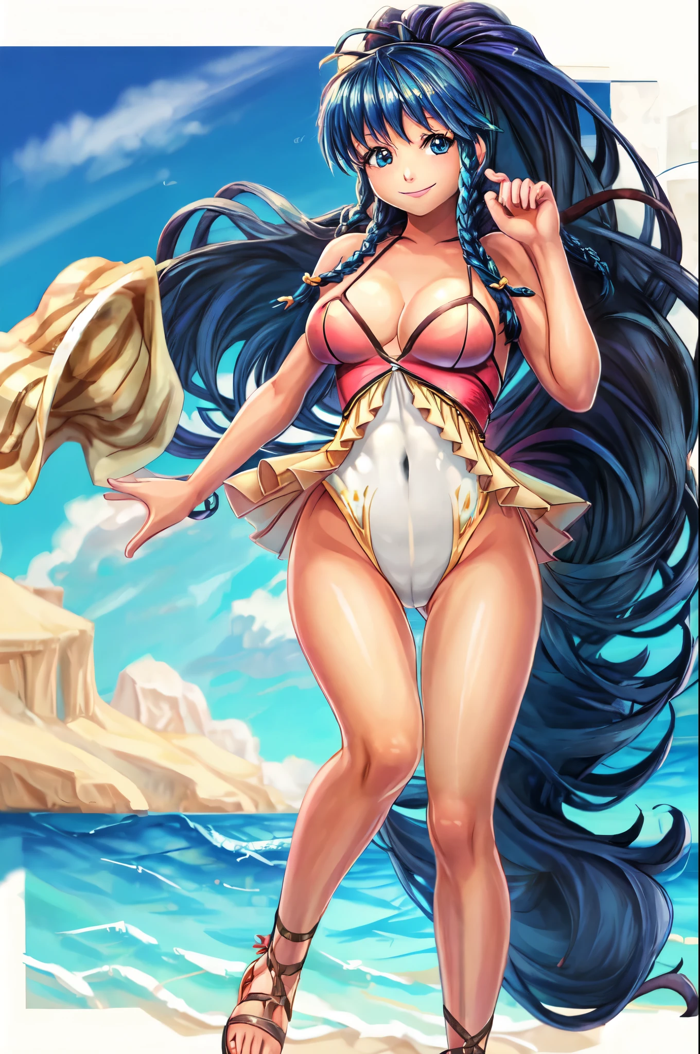 tana_fe_swimsuit, 1girl, cowboy shot, smile, medium breasts, one-piece swimsuit, thighs, twin braids
