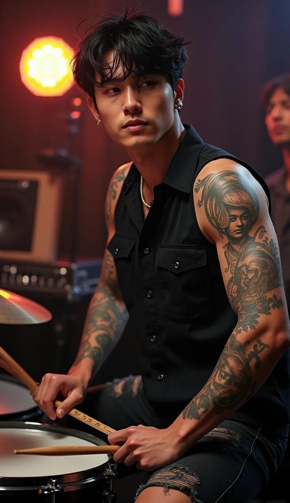 a very powerful rocker drummer like emil vergo, he is wearing sleeveless black shirt and jeans, handsome, korean, nice body, ripped black jeans, tattoo, black hair, playing drum, energic, face looking at camera, enthusiast face, cinematic, studio background