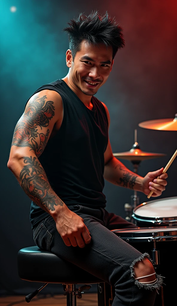 a very powerful rocker drummer like emil vergo, he is wearing sleeveless black shirt and jeans, handsome, korean, nice body, ripped black jeans, tattoo, black hair, playing drum, energic, face looking at camera, enthusiast face, cinematic, studio background