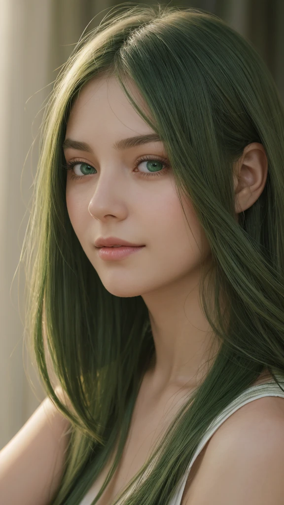 portrait of a girl. european. extremely detailed face. delicate features. oval face. long face. droopy. seductive. half-closed eyes. green eyes. long, straight, very thick hair. green hair. gentle smile