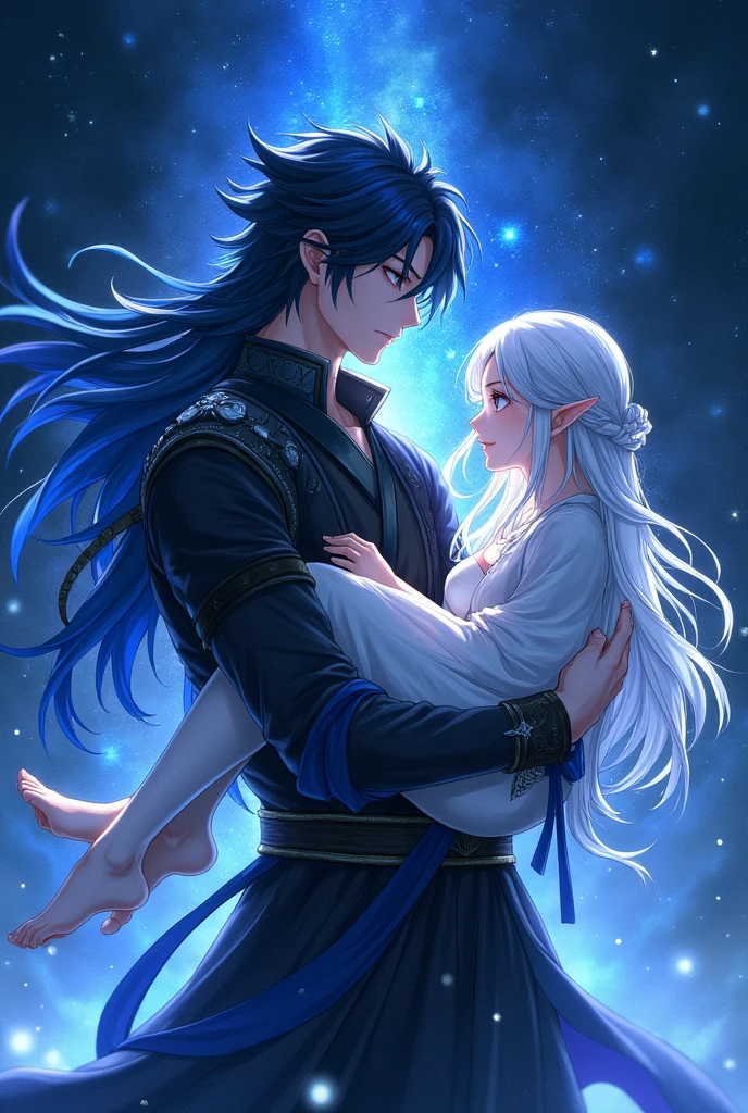 Please generate a Novel cover for me, with a MALE human character warrior style with black hair and a COBALT BLUE streak at the end of the hair and cobalt blue eyes, with a blue aura emanating from his body, wearing black clothes in Japanese ANIME style, with a starry sky and the novel's name written on the image (The Eminent Divine Spirit). Make an image of this character, but now holding a WOMAN (adolescent) silver haired elf in white clothes.