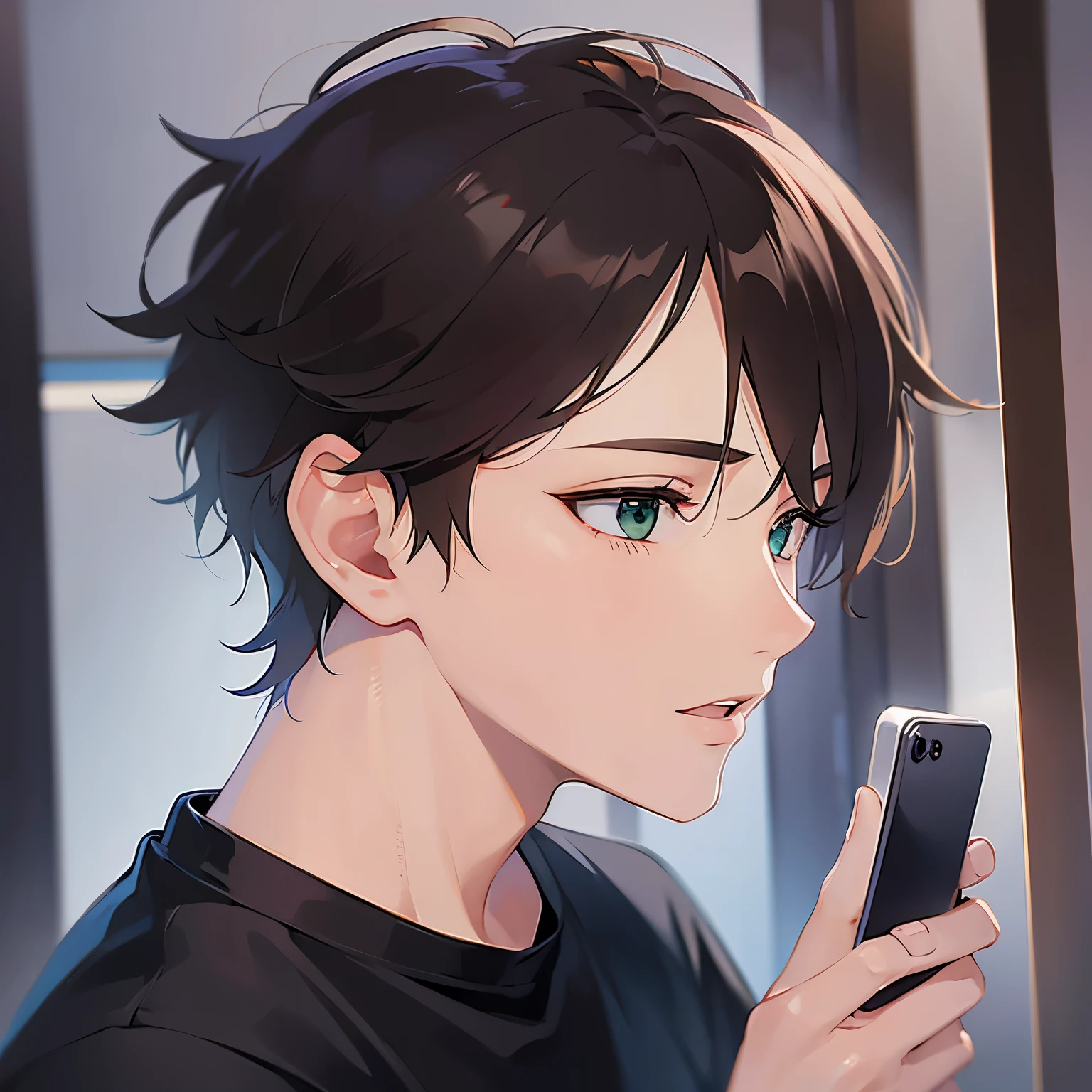 (25-year-old male:1.5) and (Brown short hair) and (Green Eyes), (looking away:1.5),upper body、profile、 Talking on the phone、(talking on the smartphone:1.5),(handling_smart_phone, smart_phone:1.2)、
shiny skin, (looking away:1.5)、masterpiece、Highest quality、
(Black Shirt:1.5)、
worried、open mouth,The background is the living room、(alone:1.5)