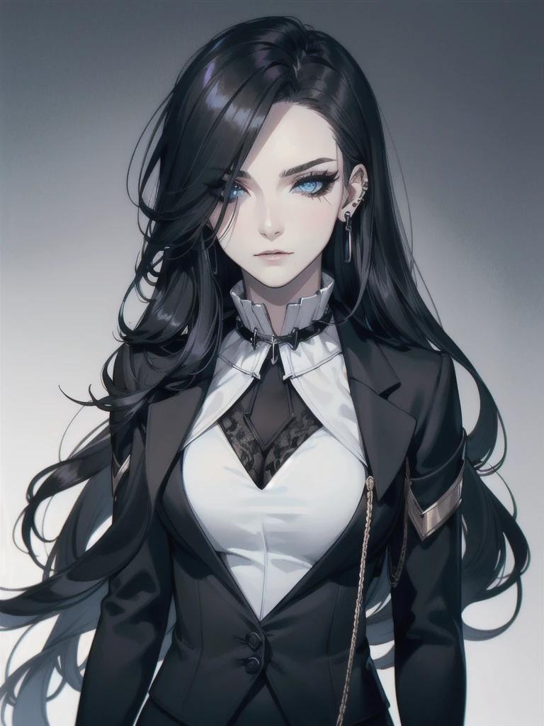 emo_hairstyle, ((tight black suit)), (black lace blazer), black tie, ((long hair)), ((straight hair)), (((black hair))), side swept bangs, white skin, pale, white, (blue eyes), tired expression, choker, ((dark makeup, mascara, eyeshadow)), multiple piercings, best quality, 8k, dark laboratory, dim lighting, white shirt, erotic