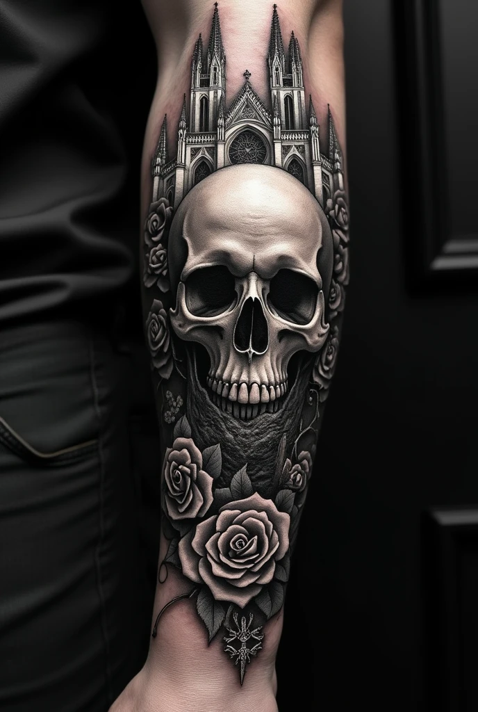 Create a tattoo on a forearm in gothic style of a skull (front of the forearm) and a cathedral (back of the forearm)
