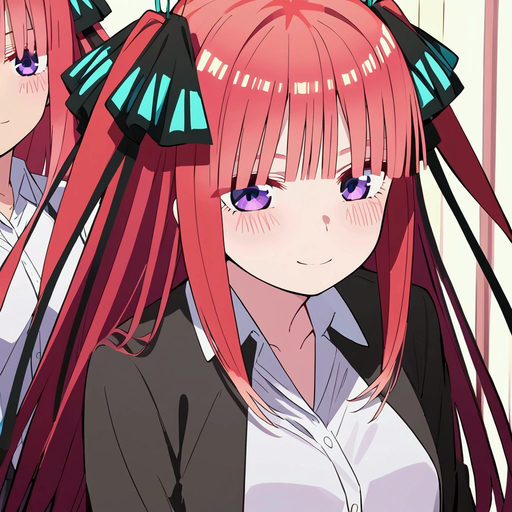 nino nakano, long hair, bangs, blue eyes, hair ornament, hair ribbon, pink hair, blunt bangs, two side up, butterfly hair ornament, skirt, shirt, long sleeves, white shirt, pleated skirt, open clothes, collared shirt, sleeves past wrists, dress shirt, cardigan, green skirt, open cardigan, black cardigan, smiling, blushing, looking at me, sitting