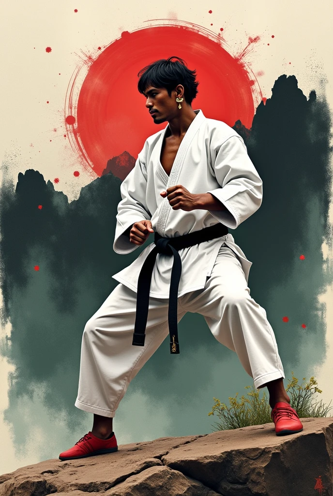 An Inca karateka in a white karate uniform and black belt, Inca earrings, muscular, standing on a rock, combat position, and in the background a silhouette of a red ink painting, black, white, dove and soft green of Machu Picchu with opaque colors with flashes and paint stains of four colors red, negro, white and gold 