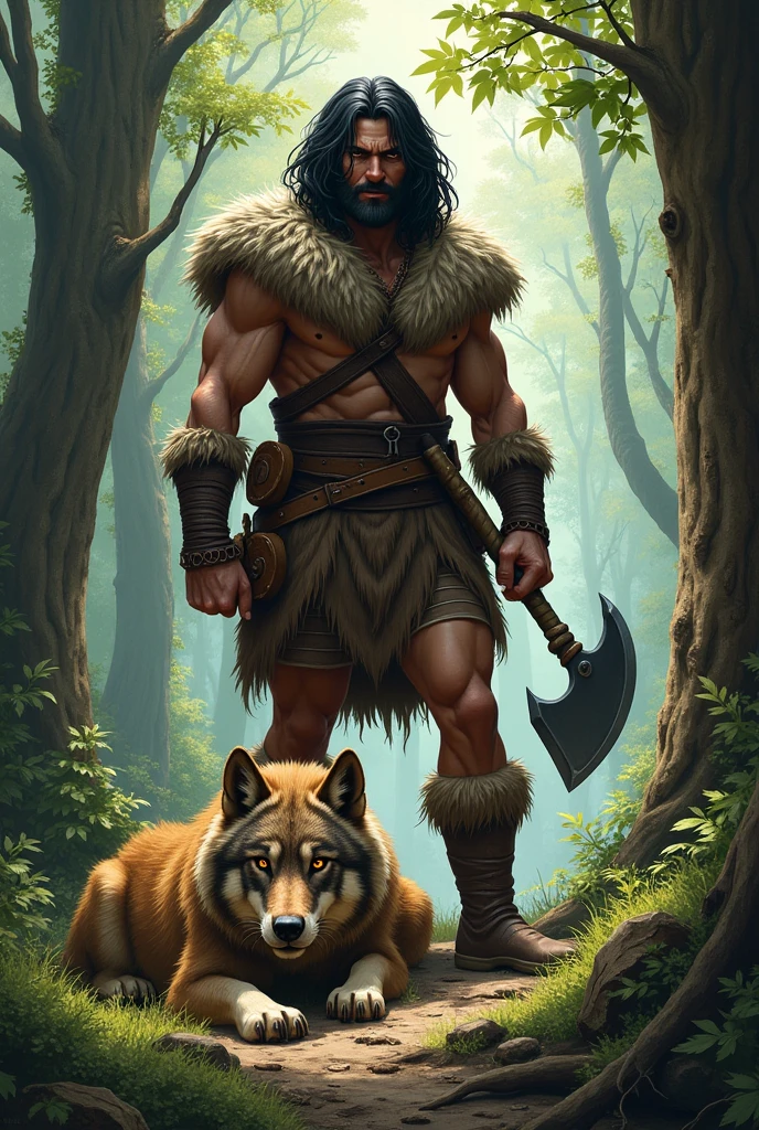 A wild-looking man wearing a fur tunic, with a strong build, black hair, and deep-set eyes, wielding an axe in his right hand, with a wolf nearby.