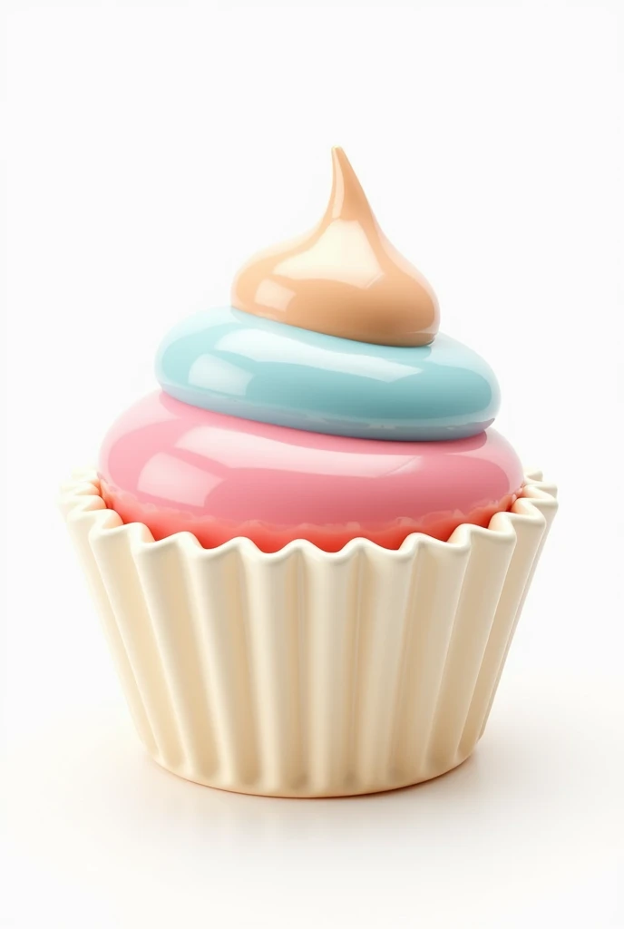 Create 3D icons of cupcakes with a glossy, smooth texture on a white background. The cupcakes should have a shiny, stylized appearance with rounded edges and vibrant colors. The frosting on each cupcake should be swirled and glossy, and the cupcake bases should look soft and slightly exaggerated. The overall style should resemble a modern, polished design, similar to a sculpted, high-quality 3D icon