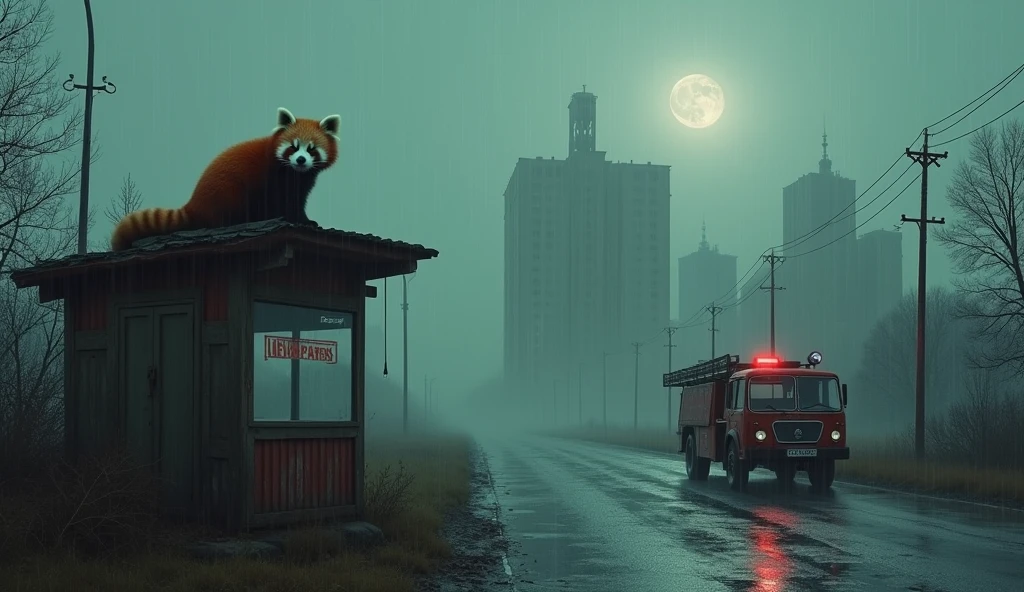 Melancholy landscape of an abandoned Soviet city, shrouded in fog and pouring rain. In the foreground - a cute red panda with large, with thoughtful eyes, sitting on the ruins of an old kiosk with the inscription “Newspapers”. In the distance you can see tall Stalinist buildings with collapsed roofs, overgrown with grass and bushes. A rusty Soviet fire engine, with a lowered ladder, It stands near a kiosk, as if frozen in its last call. A dim moon shines in the sky, and raindrops fall on the cracked asphalt. Color scheme - dark tones with a predominance of gray, red and green. Style - photorealism with the effect of old film.