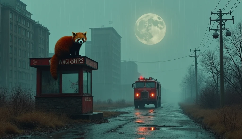 Melancholy landscape of an abandoned Soviet city, shrouded in fog and pouring rain. In the foreground - a cute red panda with large, with thoughtful eyes, sitting on the ruins of an old kiosk with the inscription “Newspapers”. In the distance you can see tall Stalinist buildings with collapsed roofs, overgrown with grass and bushes. A rusty Soviet fire engine, with a lowered ladder, It stands near a kiosk, as if frozen in its last call. A dim moon shines in the sky, and raindrops fall on the cracked asphalt. Color scheme - dark tones with a predominance of gray, red and green. Style - photorealism with the effect of old film.