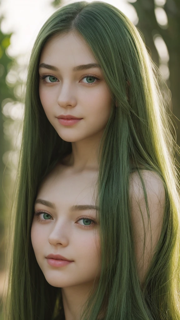 portrait of a girl. european. extremely detailed face. delicate features. oval face. long face. droopy. seductive. half-closed eyes. green eyes. long, straight, very thick hair. green hair. gentle smile