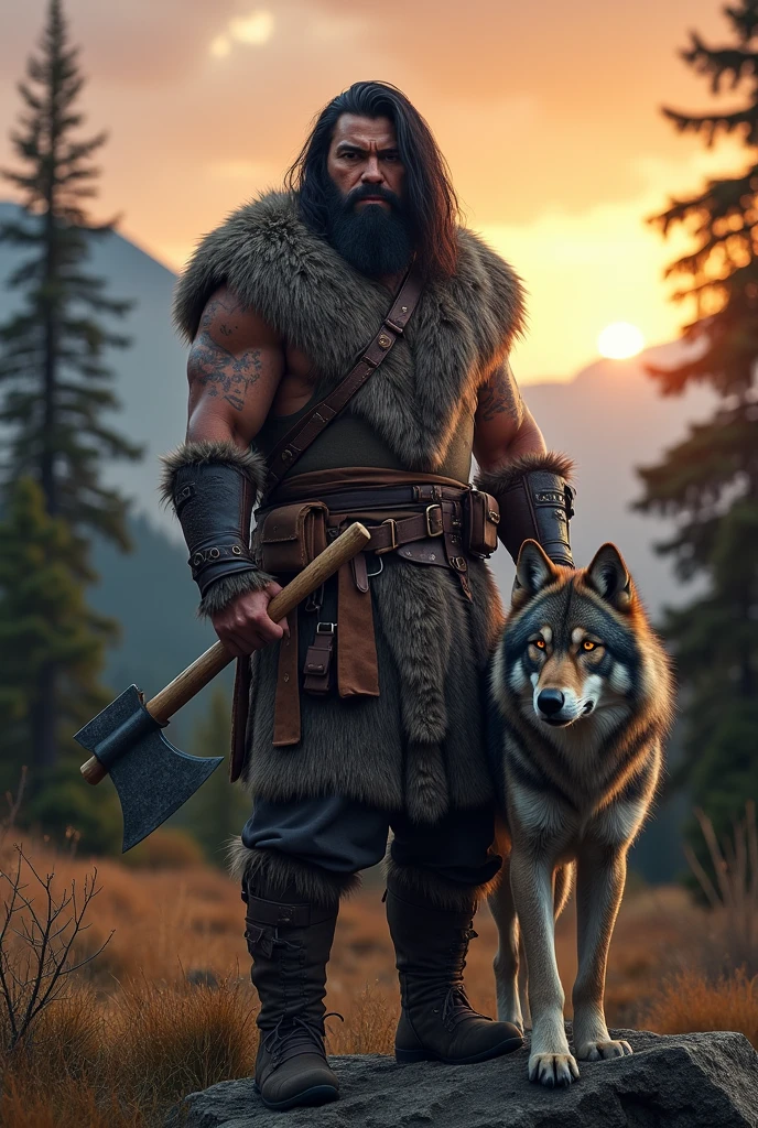 A wild-looking man wearing a fur tunic, with a strong build, black hair, and deep-set eyes, wielding an axe in his right hand, with a wolf nearby.
