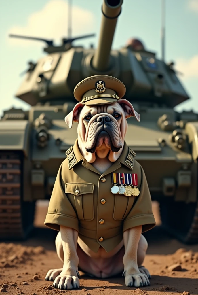 Wearing a military uniform，Bulldog，A large tank in the background，on the screen is written in ，letters on the screen,